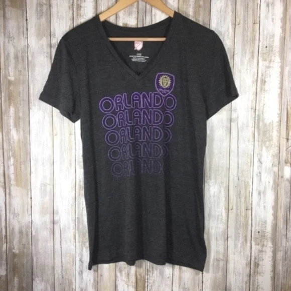 Orlando City SC MLS V Neck Graphic Tee Gray Purple Women’s Large Soccer Shirt - Picture 2 of 6